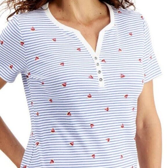 Karen Scott Womens Plus XXL Popover Top Blue White Stripe Button Neck Watermelon - Picture 2 of 10